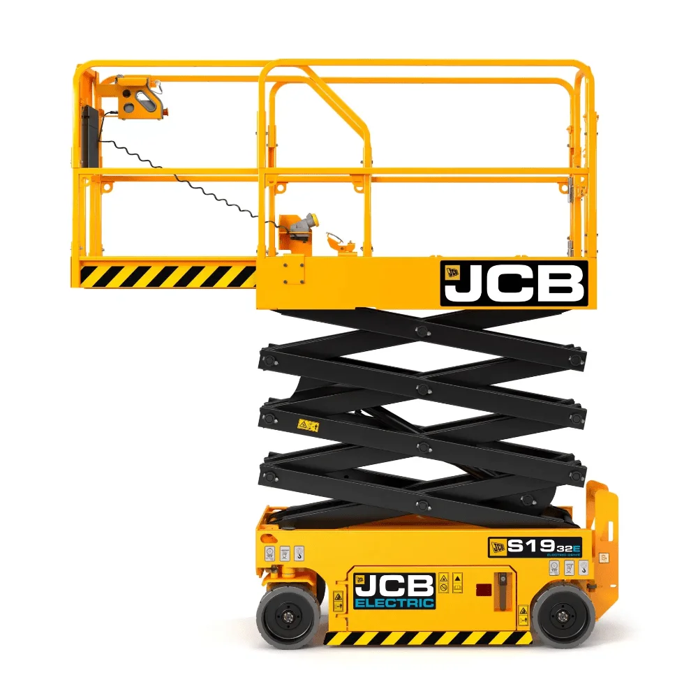 apex-jcb-s1932e-scissor-lift Yellow JCB scissor lift, taller 26-foot model, in lowered position