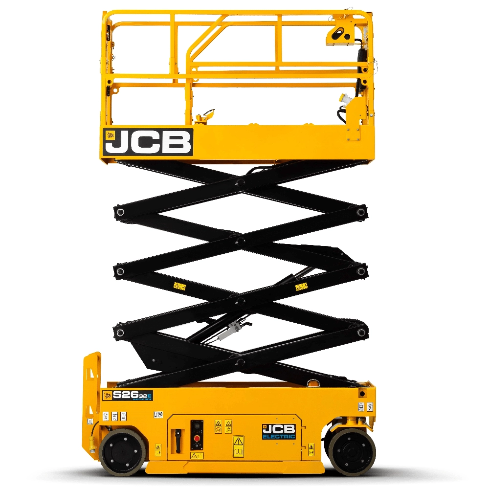 apex-jcb-s2632e-scissor-lift Yellow JCB scissor lift in lowered position with folding rails