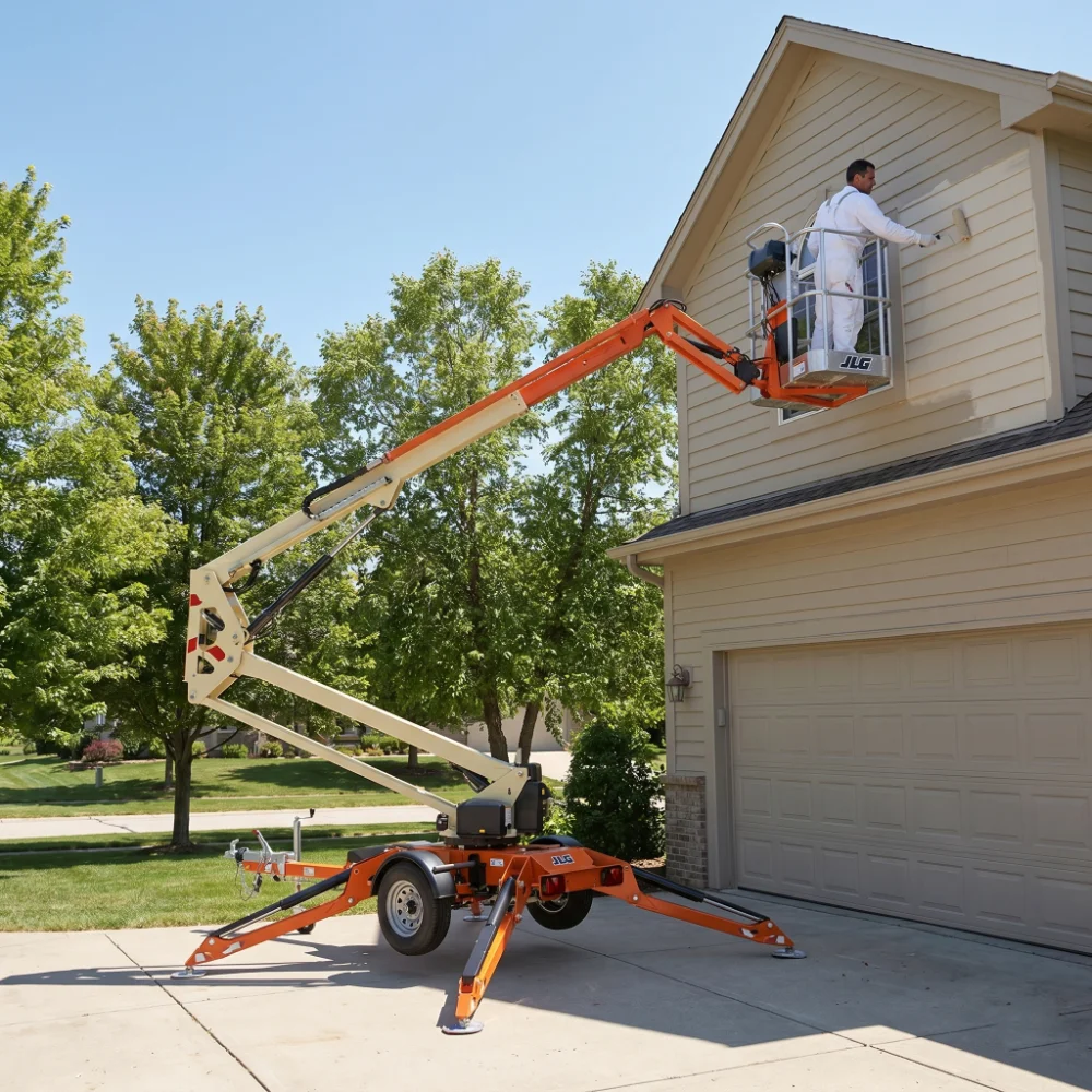Painter working at second-story height from a boom lift basket