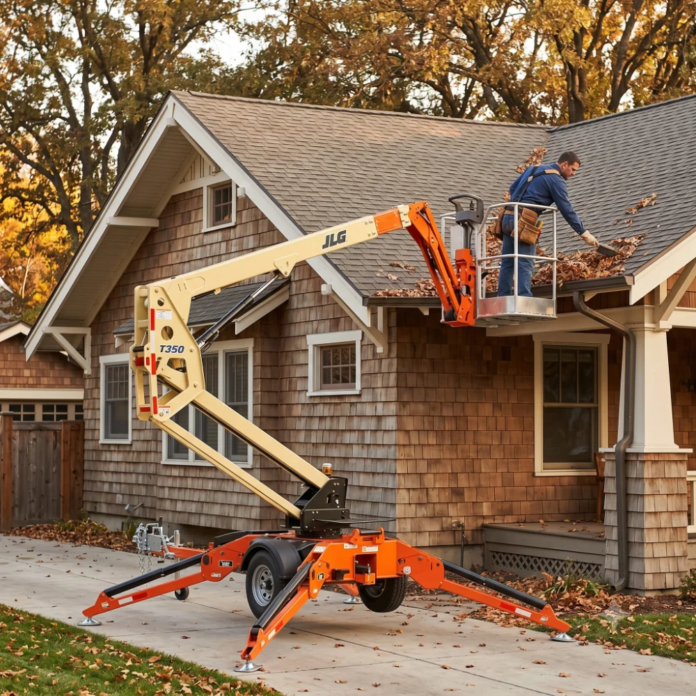 Worker cleaning second-story gutters from a boom lift basket