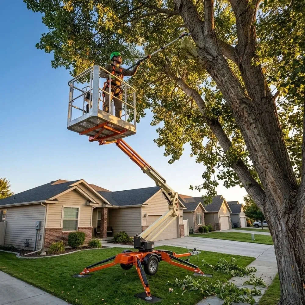 Arborist trimming tree branches from a boom lift basket in a residential yard