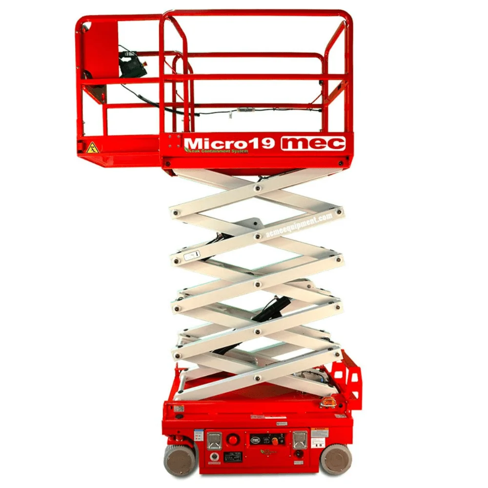 apex-mec-micro19-scissor-lift1 Red MEC Micro19 compact scissor lift in lowered position