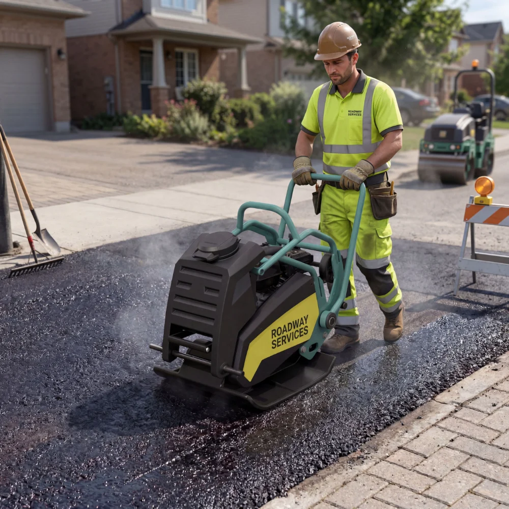 Plate compactor compacting an asphalt patch in a driveway Plate compactor compacting an asphalt patch in a driveway