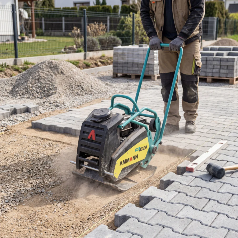 Plate compactor compacting a sand and gravel base before laying pavers Plate compactor compacting a sand and gravel base before laying pavers
