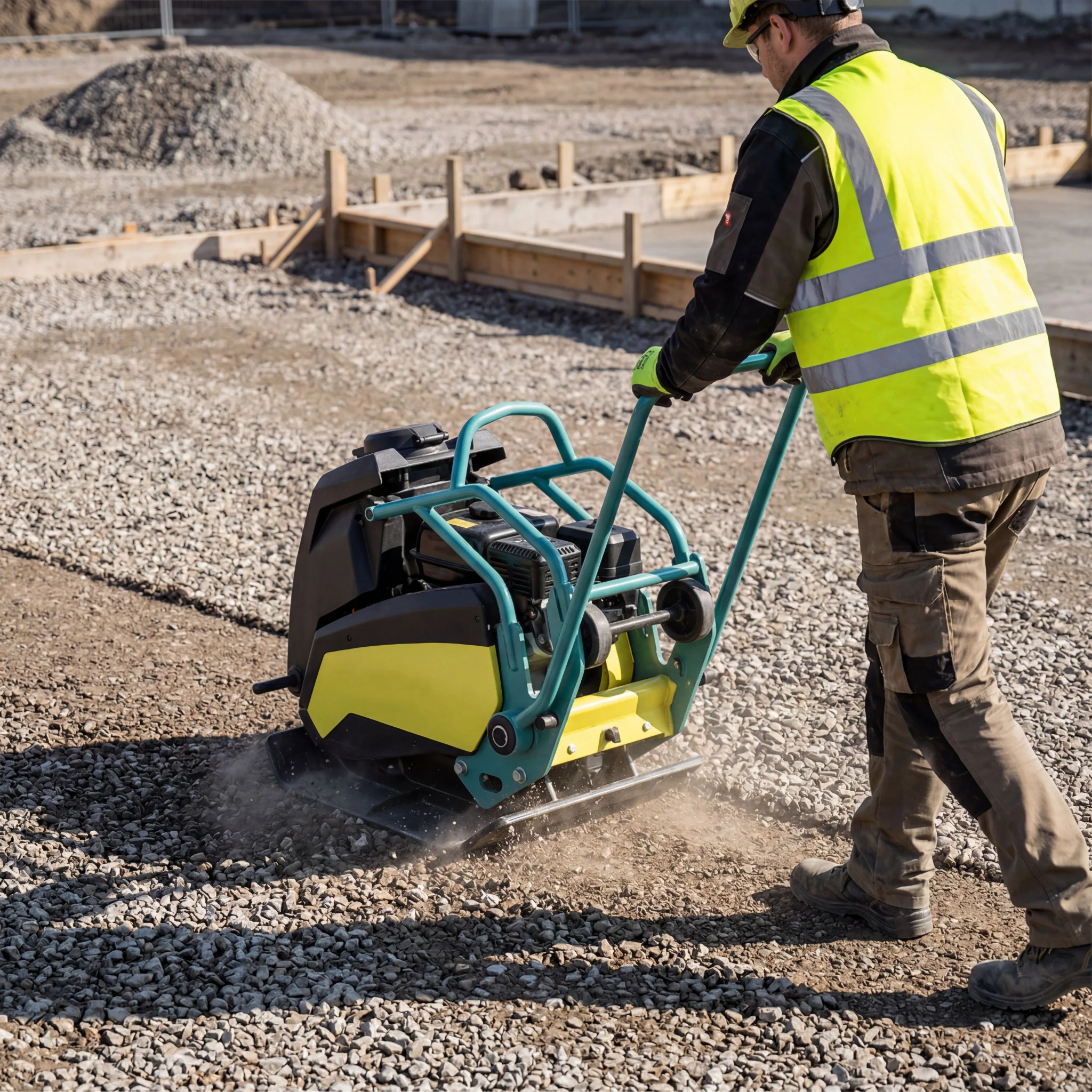Plate compactor packing a gravel subgrade before a concrete pour Plate compactor packing a gravel subgrade before a concrete pour