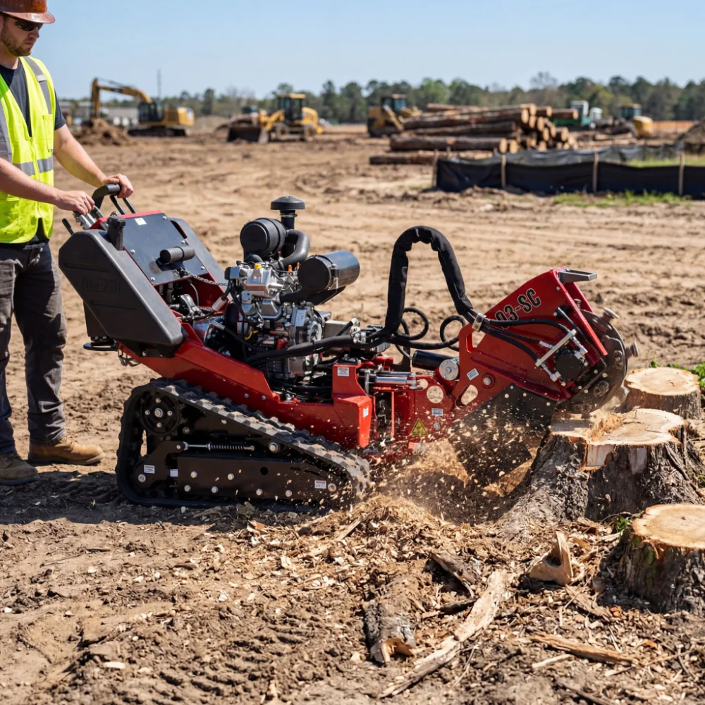 Stump grinder working through several stumps on a cleared lot