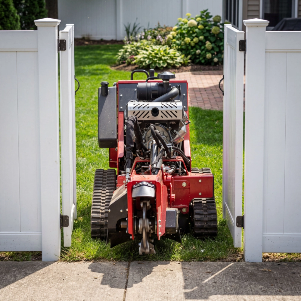 Compact track stump grinder fitting through a narrow side gate