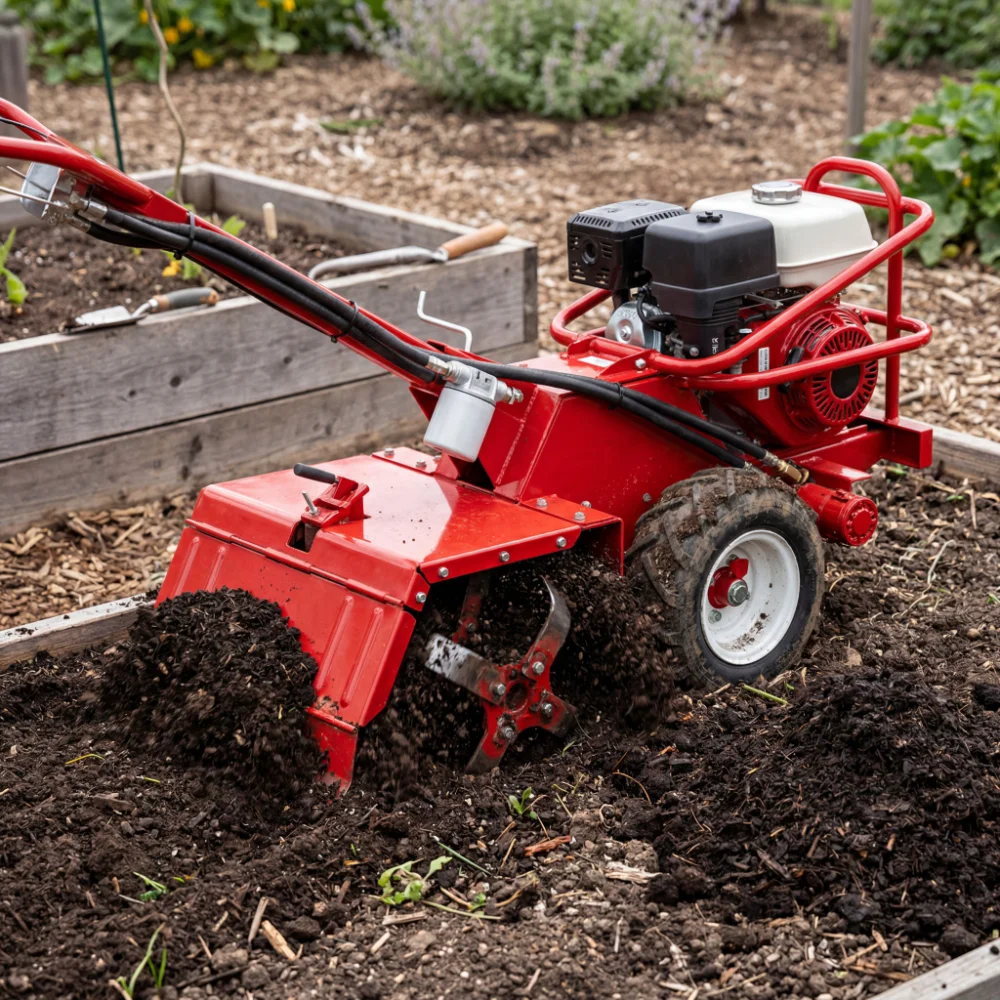 Rototiller mixing compost into garden soil