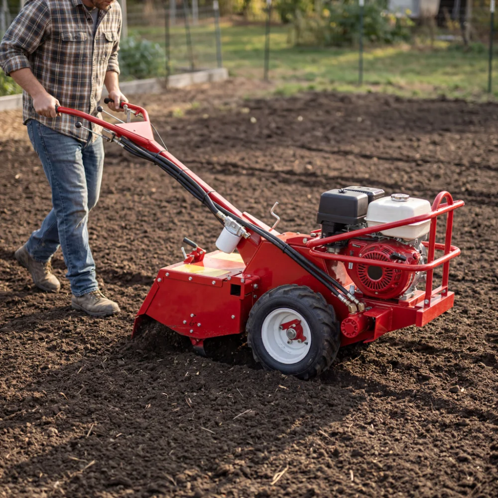 Rototiller breaking ground for a new vegetable garden bed