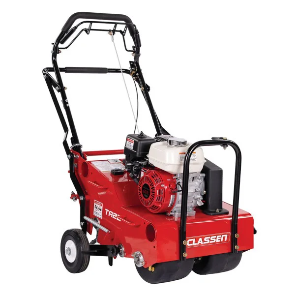 Walk-behind lawn aerator and brush cutter
