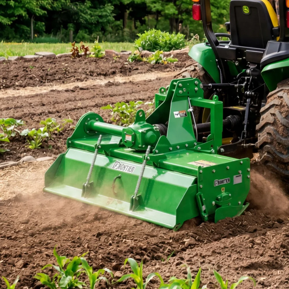 Green rotary tiller implement mounted on a green compact tractor, tilling dark soil in a garden