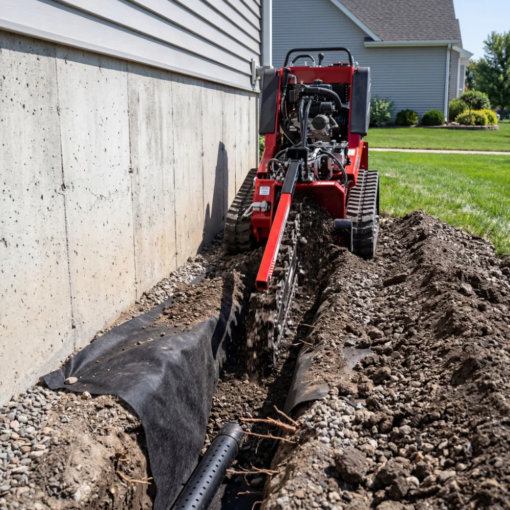 Trencher digging a drainage trench across a property Trencher digging a drainage trench across a property