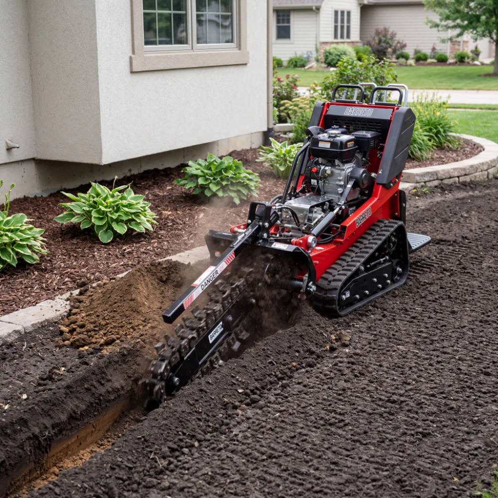 Trencher cutting a shallow line for an irrigation system in a yard Trencher cutting a shallow line for an irrigation system in a yard